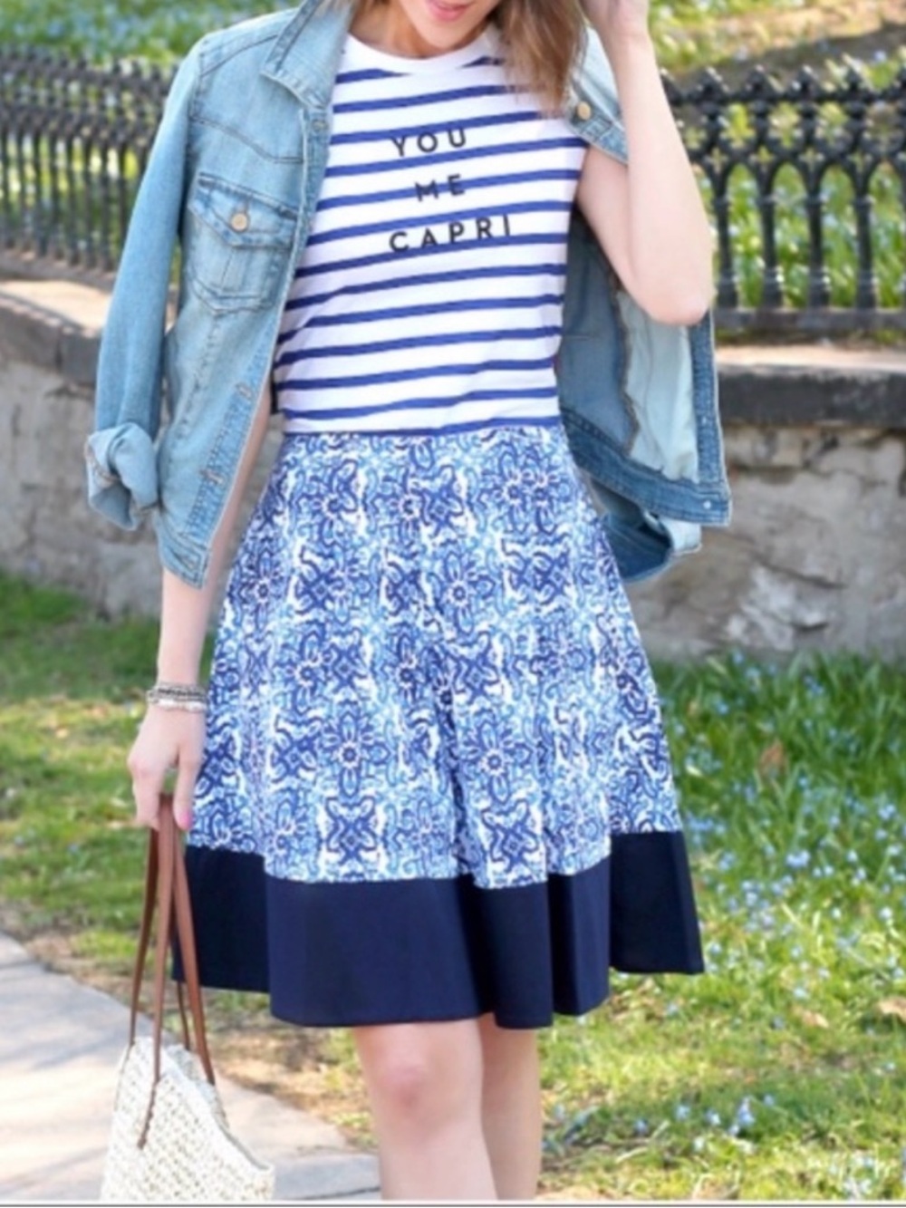 MILLY Design Nation Blue & White Pleated Capri A Line Skirt
- Size Small